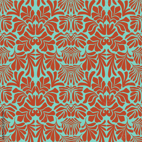 Turquoise brown abstract background with tropical palm leaves in Matisse style. Vector seamless pattern.