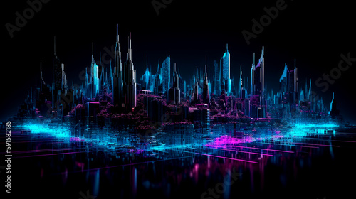 Smart city and digital transformation. Abstract virtual futuristic skyline in neon colors, sci-fi.  AI city landscape generated illustration.
