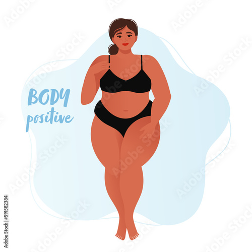 Attractive chubby girl, a beautiful woman size plus. Body positive concept. Vector illustration in flat style