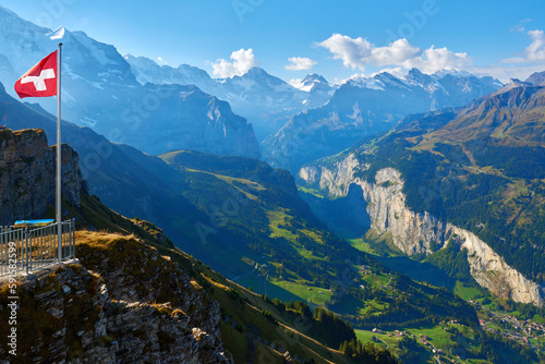 Morning view of Lauterbrunnen valley from Mannlichen mountain in Switzerland.