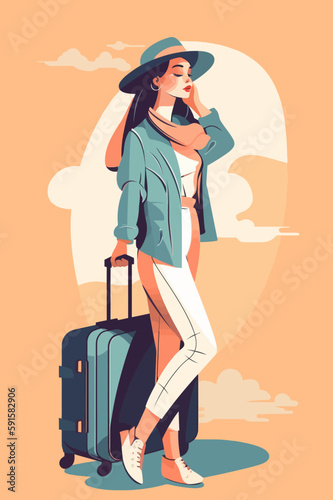 Tourism flat illustration. Woman with baggage. Tourist with a suitcase. Adventure vector of a lady traveling with backpack. 