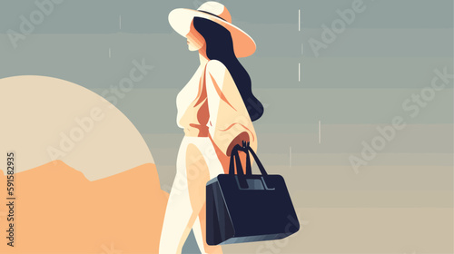 Tourism flat illustration. Woman with baggage. Tourist with a suitcase. Adventure vector of a lady traveling with backpack. 