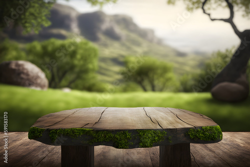 small rustic rectangular Wood table with nature landscape backdrop for Product mockup photo