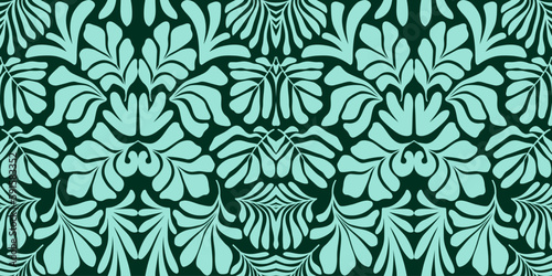 Turquoise green abstract background with tropical palm leaves in Matisse style. Vector seamless pattern.