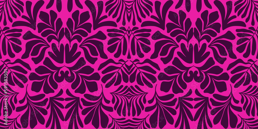Purple pink abstract background with tropical palm leaves in Matisse style. Vector seamless pattern.
