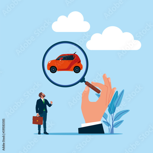 Car search inside of magnifier glass. Looking for transport. Modern vector illustration in flat style. 