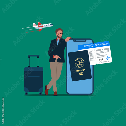 Businessman standing near big smartphone with mobile passport and Ticket. Flat vector illustration