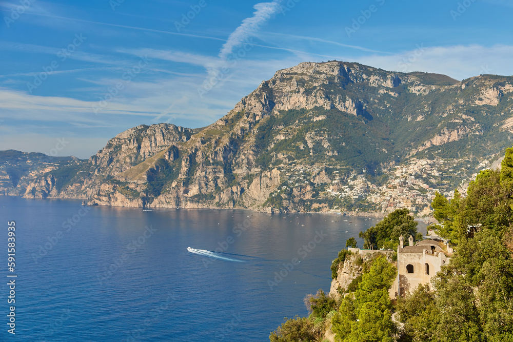 Landscape with Positano town at famous amalfi coast, Italy