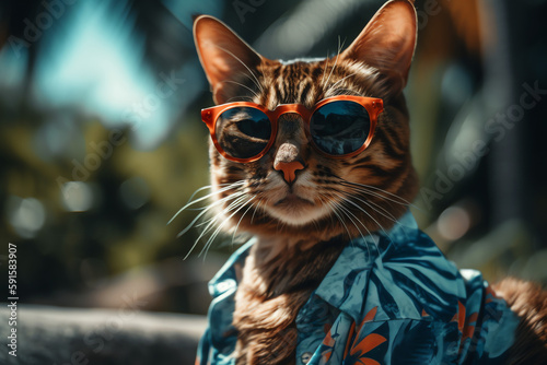 Cat wearing a shirt and sunglasses in summer sun - Generative AI