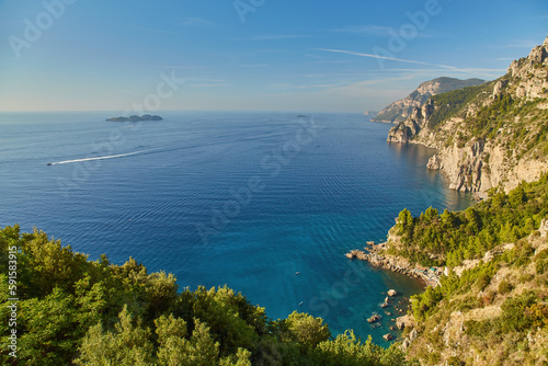 Breathtaking panoramic view from Conca dei Marini along the main road of the Amalfi Coast.