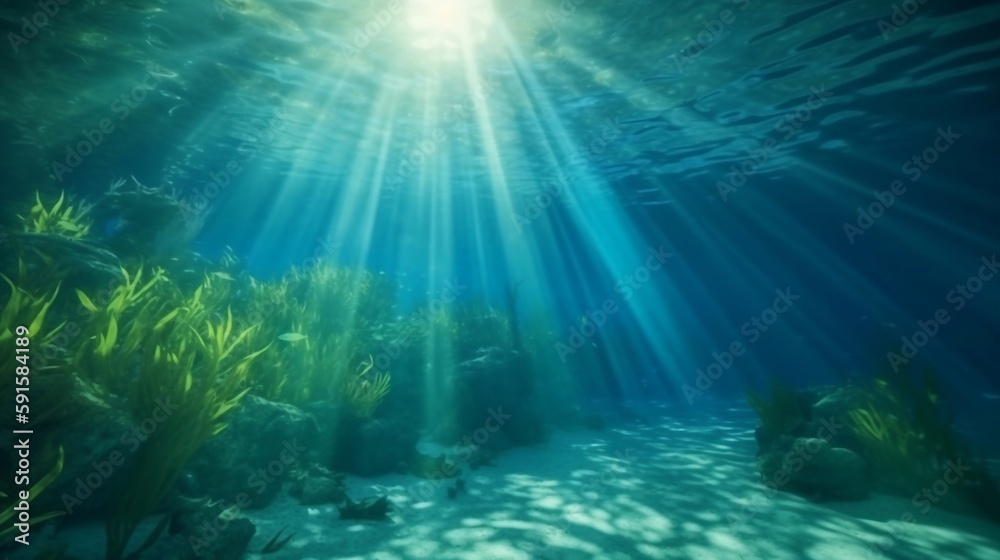 An underwater AI generated illustration of tropical blue clear waters with fractal light rays from above