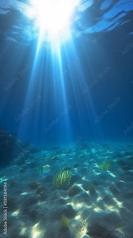 An underwater AI generated illustration of tropical blue clear waters with fractal light rays from above
