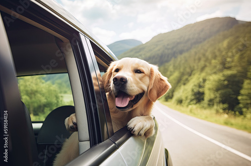 Dog in car window travelling, Generative AI