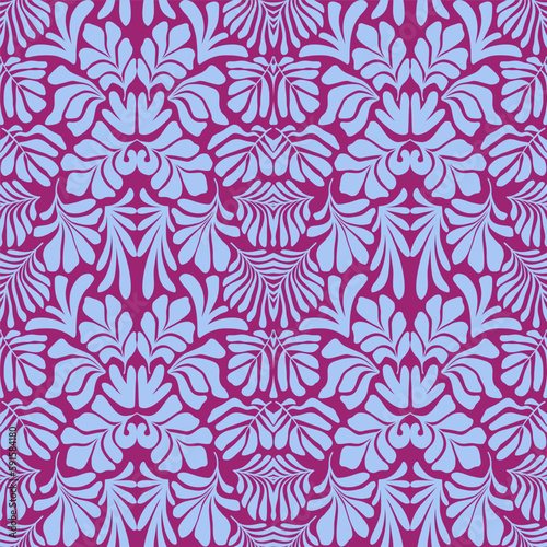 Purple blue abstract background with tropical palm leaves in Matisse style. Vector seamless pattern.