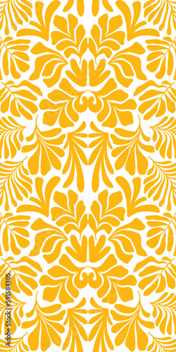Yellow abstract background with tropical palm leaves in Matisse style. Vector seamless pattern.