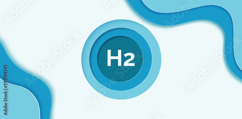 Hydrogen symbol in a blue circle on a  white background. Paper cut . Banner template for a website.  Hydrogen energy. Н2. Green hydrogen logo. Clean energy. Vector illustration