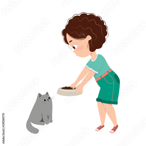 Vector illustration cartoon of a little girl feeding her cat. Kids doing housework chores at home concept.
