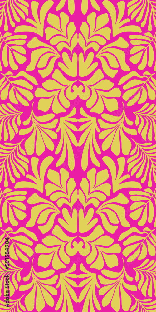 Yellow pink abstract background with tropical palm leaves in Matisse style. Vector seamless pattern. Yellow pink abstract background with tropical palm leaves in Matisse style. Vector seamless pattern.