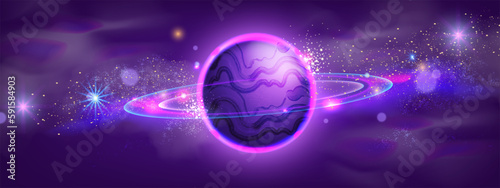 Game space planet background, vector cartoon purple neon alien galaxy banner, cosmic star sky. Universe planetary nebula illustration, futuristic Saturn sphere, sci-fi atmosphere clipart. Space planet