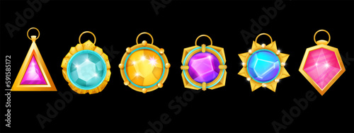 Game necklace amulet set, vector UI gemstone badge magic medieval jewellery crystal icon kit. Vintage wizard fairytale stone, cartoon circle witchcraft award fantasy diamond trophy. Witch magic amulet