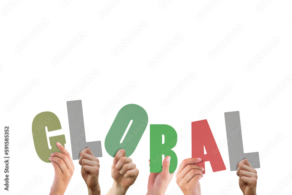 Colorful alphabet spelling global held up by people Colorful alphabet spelling global held up by people