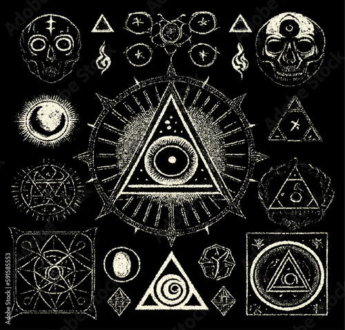 Occult symbols composition in dotwork style. Abstract mystic elements, Skull, candles and sacred triangle with eye in retro flat lay composition.