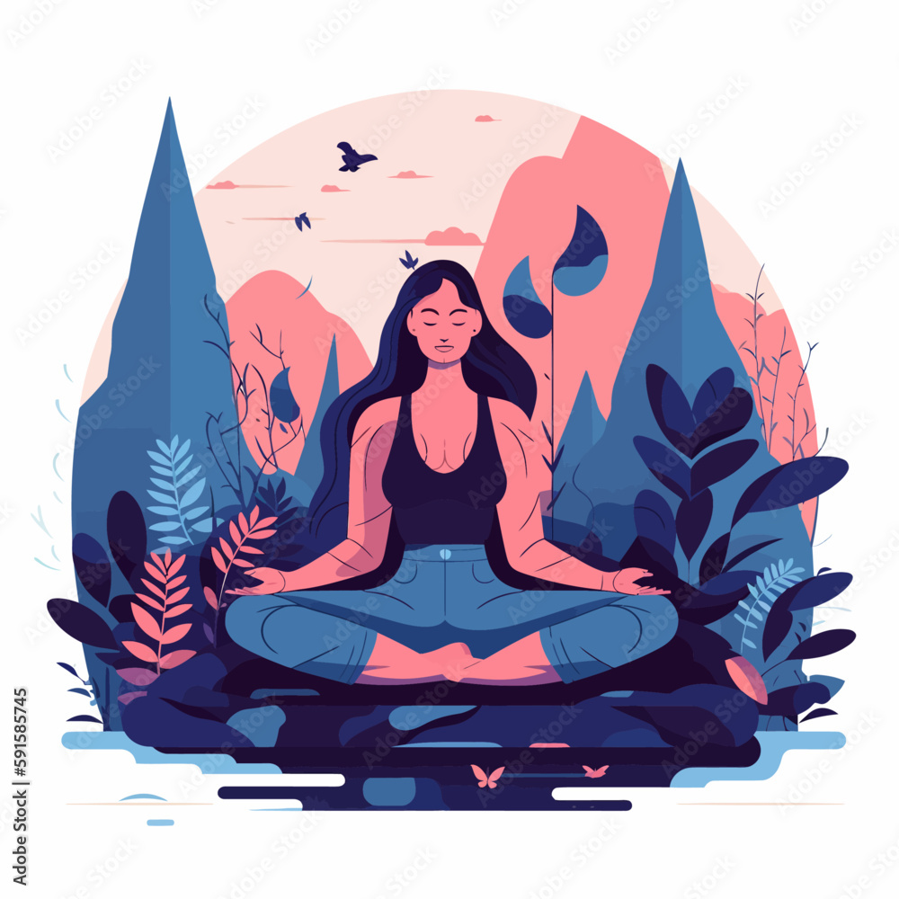 Woman in meditation. Lotus pose sitting with legs crosse. Spiritual yoga exercise minimalistic vector.