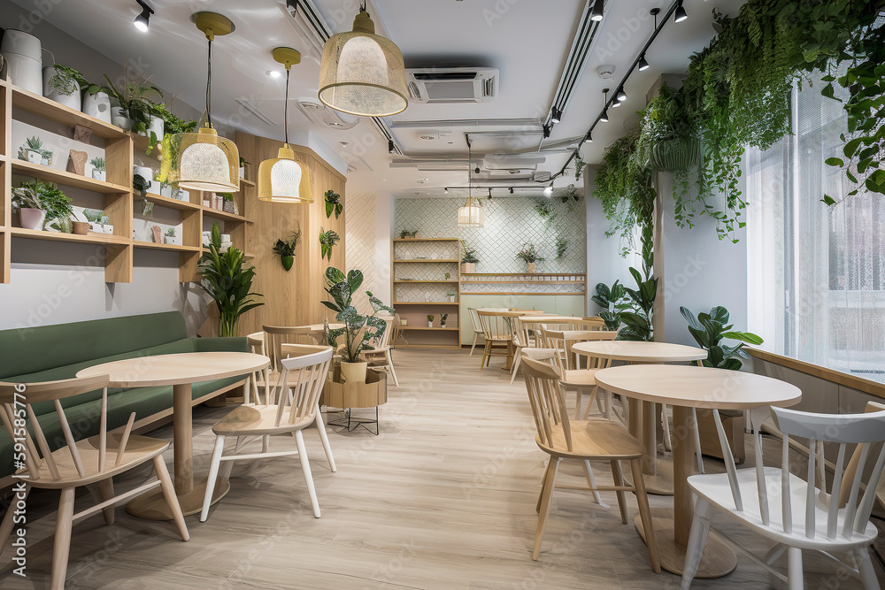 Obraz premium Generative AI illustration of an ecological and sustainable Coffee shop with recycled wood furniture, plants and lots of natural light