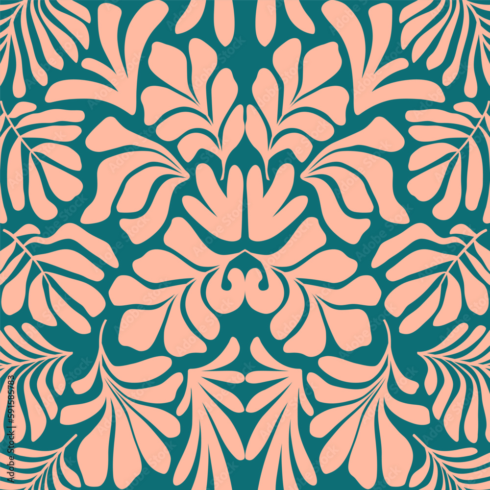 Fototapeta premium Peach green abstract background with tropical palm leaves in Matisse style. Vector seamless pattern.