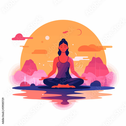 Woman in meditation. Lotus pose sitting with legs crosse. Spiritual yoga exercise minimalistic vector.