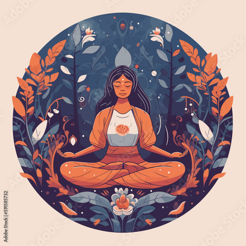 Woman in meditation. Lotus pose sitting with legs crosse. Spiritual yoga exercise minimalistic vector.