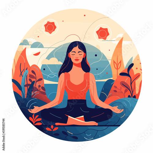 Woman in meditation. Lotus pose sitting with legs crosse. Spiritual yoga exercise minimalistic vector.