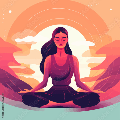 Woman in meditation. Lotus pose sitting with legs crosse. Spiritual yoga exercise minimalistic vector.