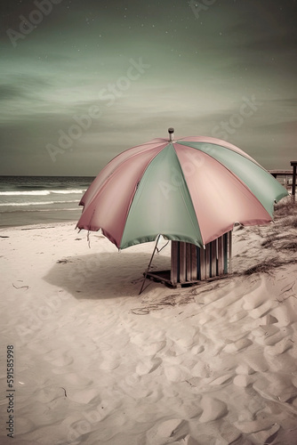 Generative AI illustration Empty beach with umbrellas in fantasy tones © Eduardo López