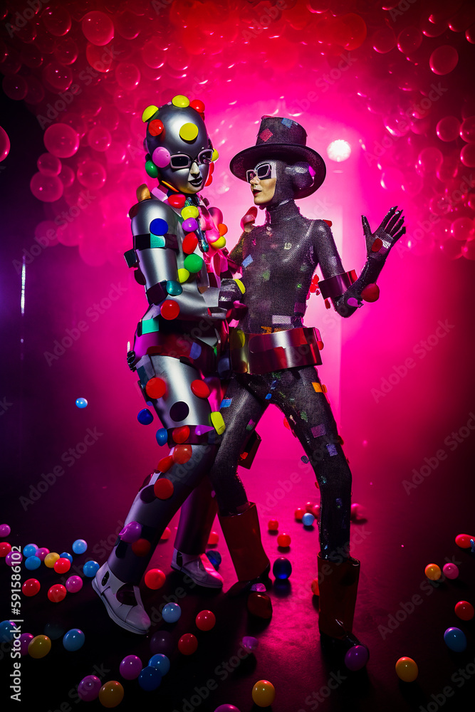 Fototapeta premium Generative AI illustration of couple of man and woman artificial intelligence semi-human robots in love dressed in latest fashion with hat dancing in a trendy nightclub