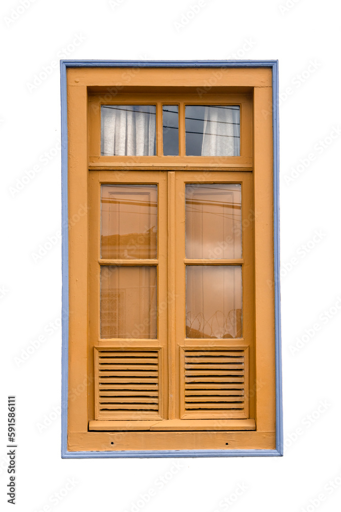 Vintage wooden window, isolated on white background, Brazilian old window.