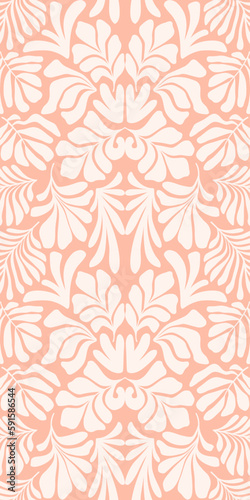 Peach white abstract background with tropical palm leaves in Matisse style. Vector seamless pattern.