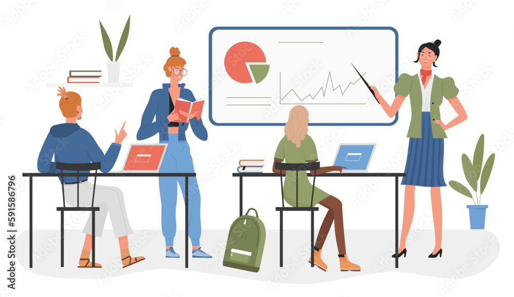 Student people training with teacher in classroom vector illustration. Cartoon young woman lecturer pointing to whiteboard with graph and chart, teaching group of students in lesson or lecture