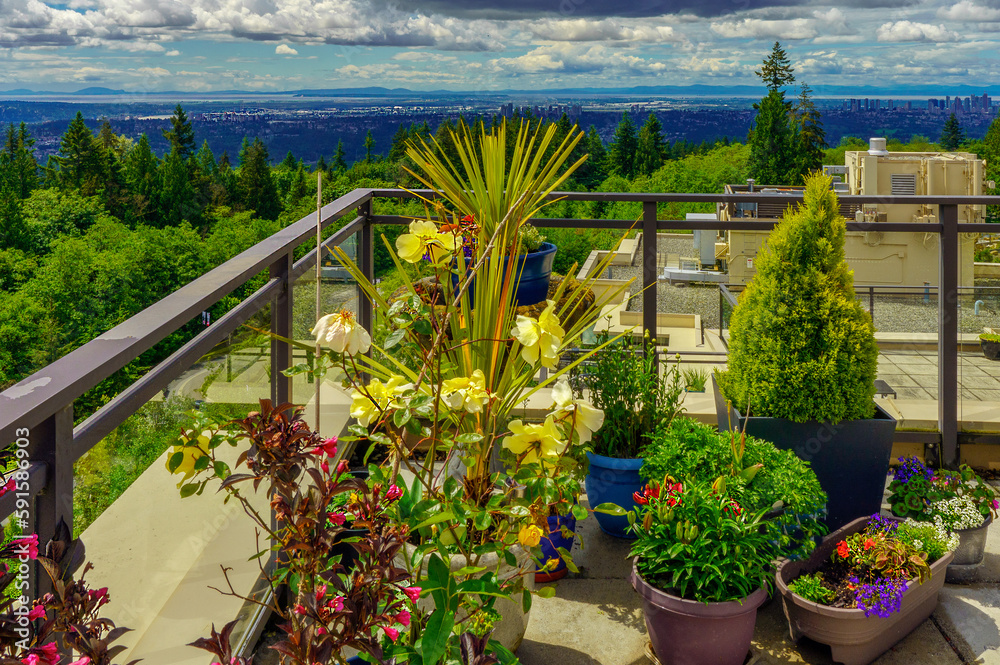 Fototapeta premium Flowers and shrubs at corner of BC patio garden with forever views across valley.