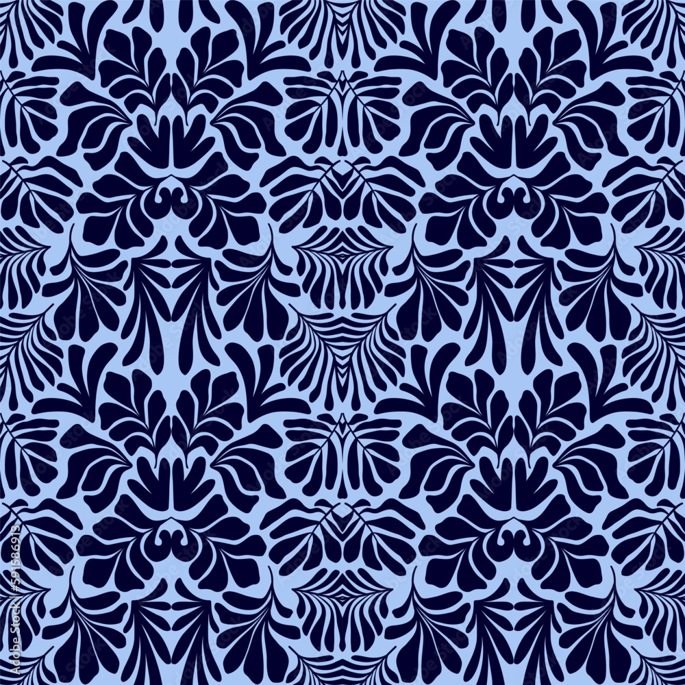 Blue abstract background with tropical palm leaves in Matisse style. Vector seamless pattern. Blue abstract background with tropical palm leaves in Matisse style. Vector seamless pattern.