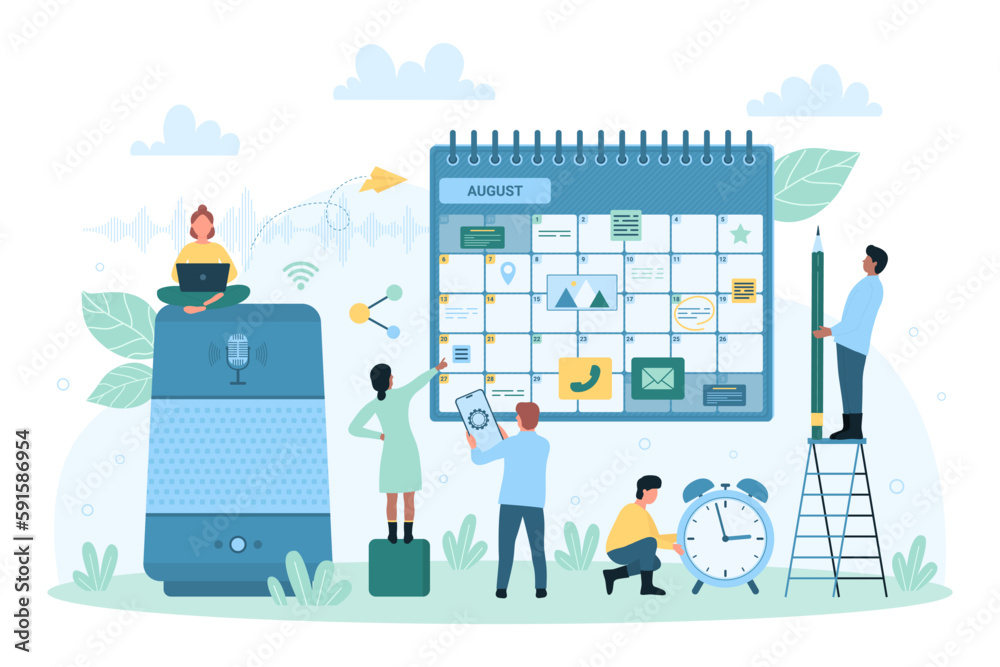 Time management and planning with AI help vector illustration. Cartoon tiny people control smart personal voice assistant with microphone, record and plan meetings in virtual calendar schedule