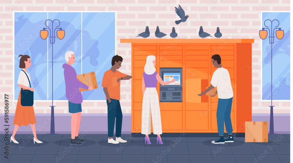 Self service in post office interior, queue to postomat vector