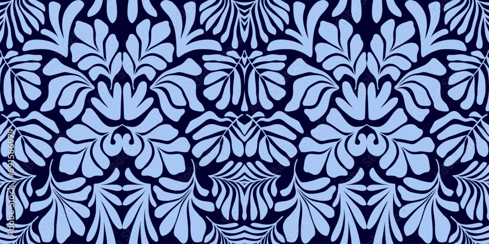 Blue abstract background with tropical palm leaves in Matisse style. Vector seamless pattern.