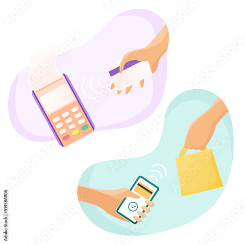 E payment flat vector illustration. NFC, Buyer paying with credit card, using POS terminal isolated clipart on white background. Debit card payment machine, e billing system design element