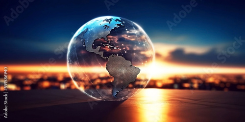 Global Communication Concept with Blurred Earth Planet in Background and Copyspace