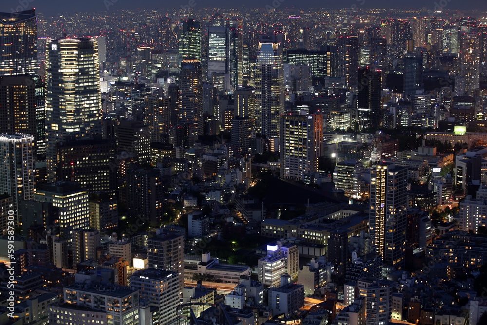 Night aerial view of Tokyo, Japan. Tokyo urban city view from above