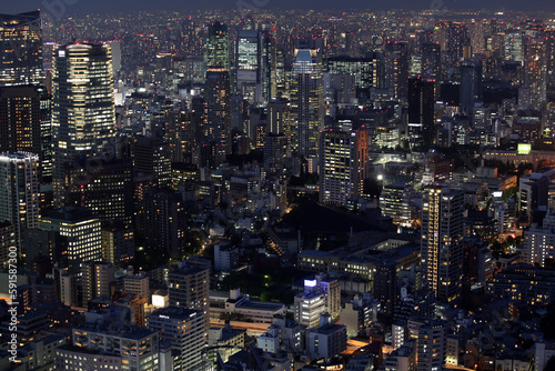 Night aerial view of Tokyo  Japan. Tokyo urban city view from above