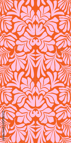 Orange pink abstract background with tropical palm leaves in Matisse style. Vector seamless pattern.