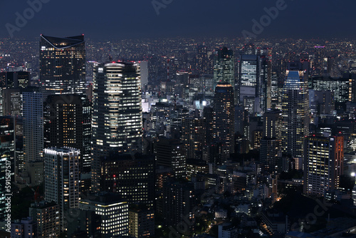 Night aerial view of Tokyo  Japan. Tokyo urban city view from above