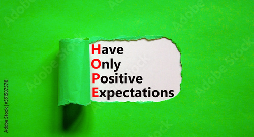 HOPE have only positive expectations symbol. Concept words HOPE have only positive expectations on white paper on beautiful green background Business HOPE have positive expectations concept Copy space
